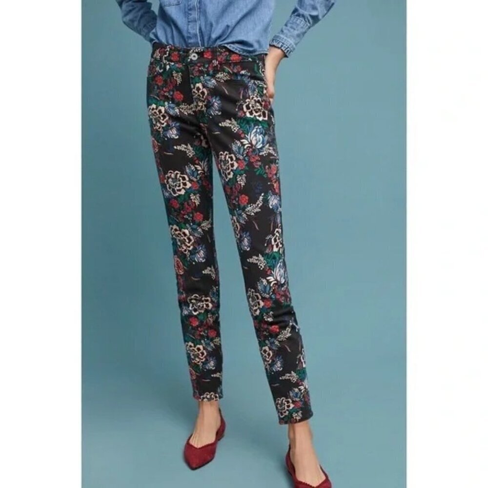 Anthropologie Pilcro Womens Black Floral Print Skinny Jeans Mid Rise size 25